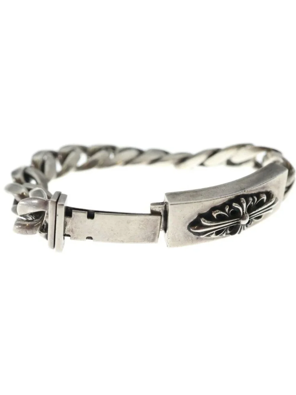 Chrome Hearts ID Floral Crs Cross ID Classic Link Bracelet Silver